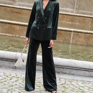 Express Emerald Green Editor Super High Waisted Velvet Flare Trouser Pant
